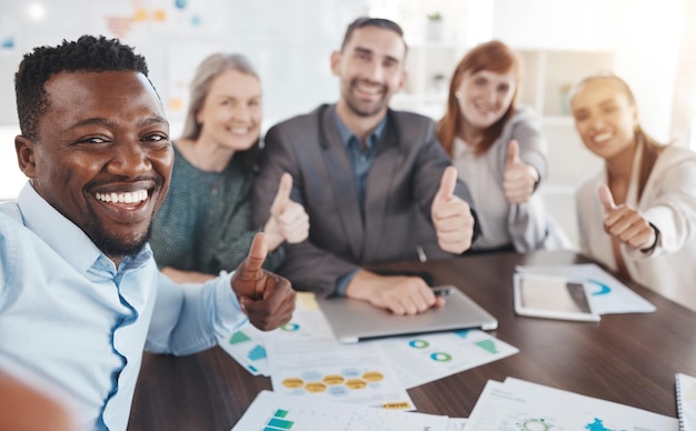 Photo thumbs up team success and diversity of office employee team happy and motivation of teamwork thank you winner and yes hand sign of business workers smile doing a collaboration and corporate goal