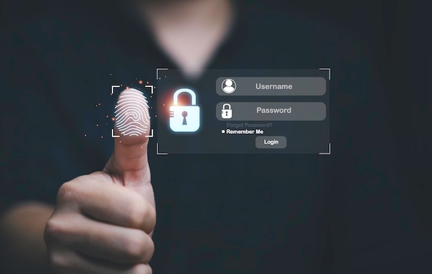 Фото Большой палец вверх с виртуальным отпечатком пальца для сканирования биометрической личности и доступа к паролю через отпечатки пальцев для технологической системы безопасности и предотвращения хакерской концепции