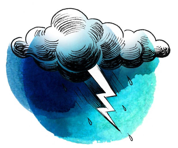 Photo thunder cloud and lightning handdrawn ink and watercolor illustration