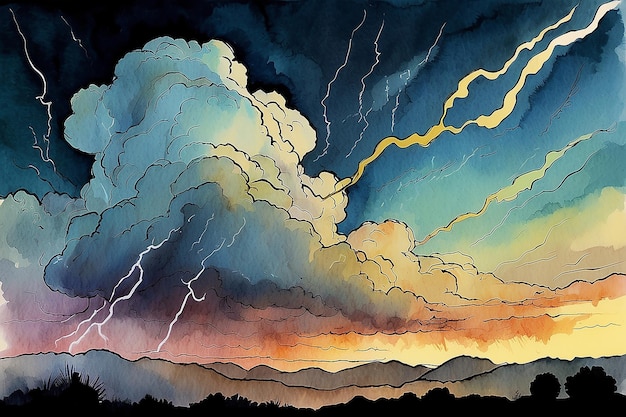 Thunder Cloud Lightning HandDrawn Ink Watercolor