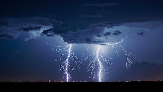 Thunder storm lightning strike on the dark cloudy sky background at night