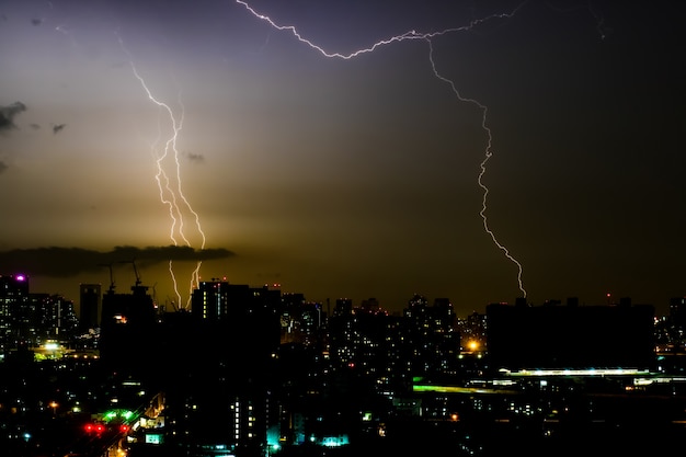 Thunder storm at night in the city