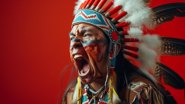 Thunderous Rage Native American Man Exuding Anger and Frustration Isolated Against Solid Background with Copy Space