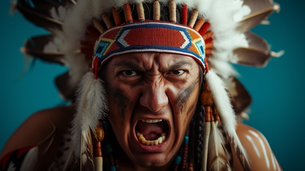 Thunderous Rage Native American Man Exuding Anger and Frustration Isolated Against Solid Background with Copy Space