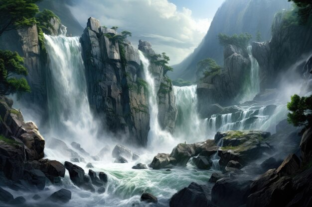 громогласный ревущий водопад каскадом с скалистой скалы
