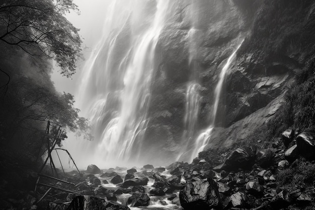 Thunderous Waterfall in Misty Ravine