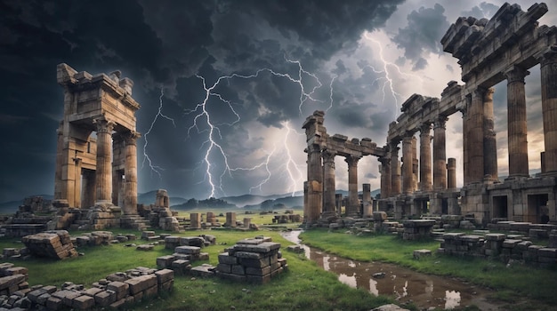 写真 古代 の 都市 の 壮大な 遺跡 の 上 に 嵐 と 雷 が 降り て いる