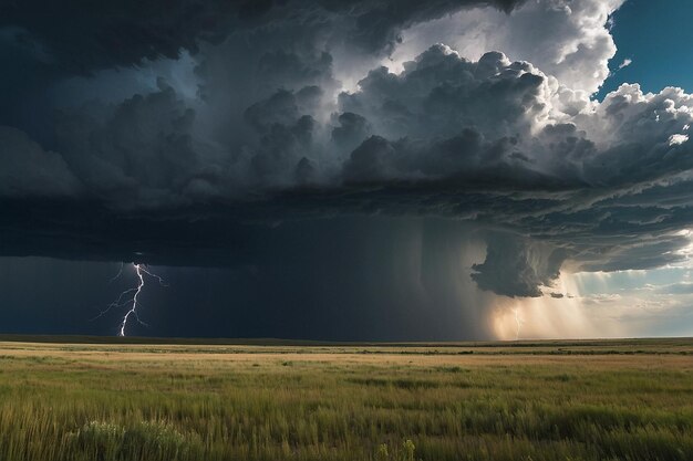 Thunderstorm brewing over a vast open prairie