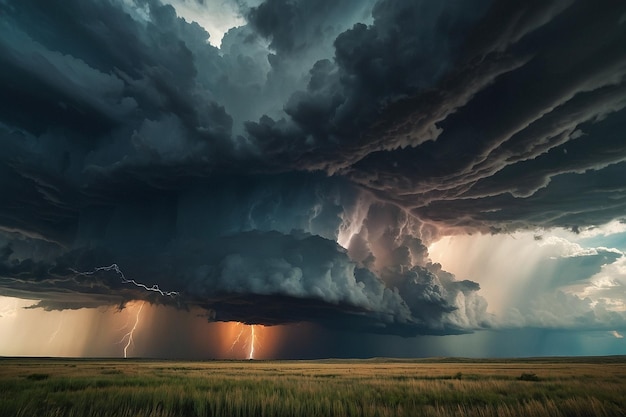 Thunderstorm brewing over a vast open prairie