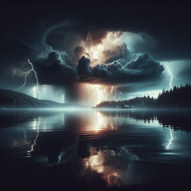 Photo thunderstorm dark cloud reflection