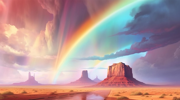 A thunderstorm in a desert with a rainbow in the distance Fantasy concept Illustration painting