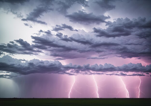 Thunderstorm over a green meadow Dramatic sky with lightning