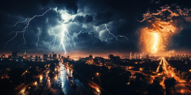 夜の街に雷雨と稲妻が発生する 生成 AI