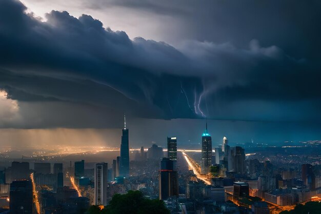 사진 도시 위의 천둥 폭풍 도시에서 나쁜 날씨