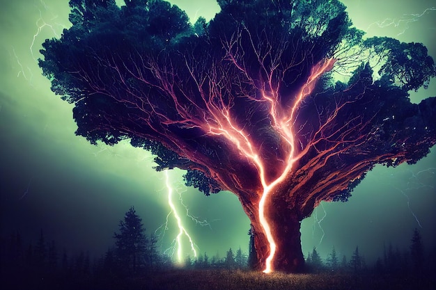 Thunderstorm passing through a tree in purple light