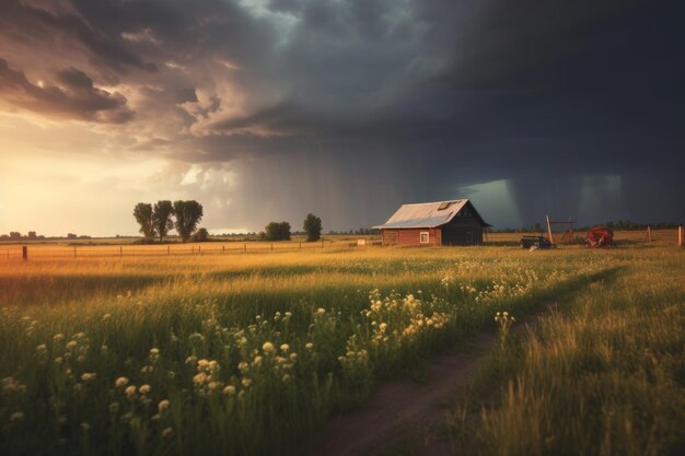生成 AI で作成された田園風景を襲う雷雨