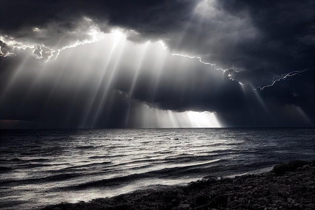 아름다운 하늘에서 바다 물 폭풍 구름 위의 밝은 번개와 함께 뇌우