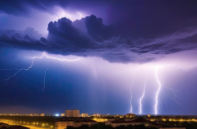 Thunderstorm with flashes of bright lightning and a thundercloud at night over the city Spring thunderstorms weather forecast