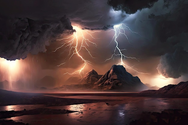 Thunderstorm with lightning and rain over dark hills in rays of sun generative ai