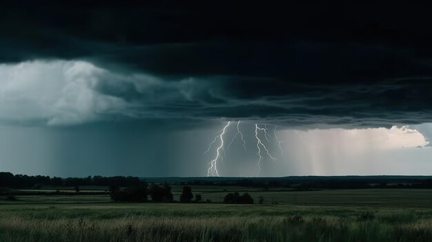 A thunderstorm with lightning strikes the ground.