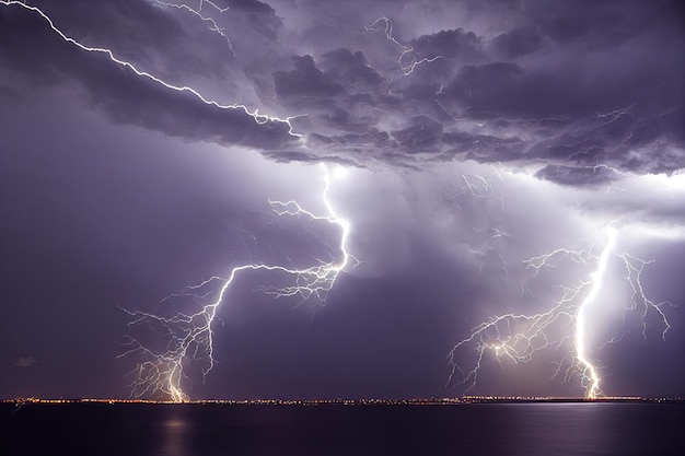 Thunderstorm with lightnings in stormy sky above city dramatic weather background digital illustrati