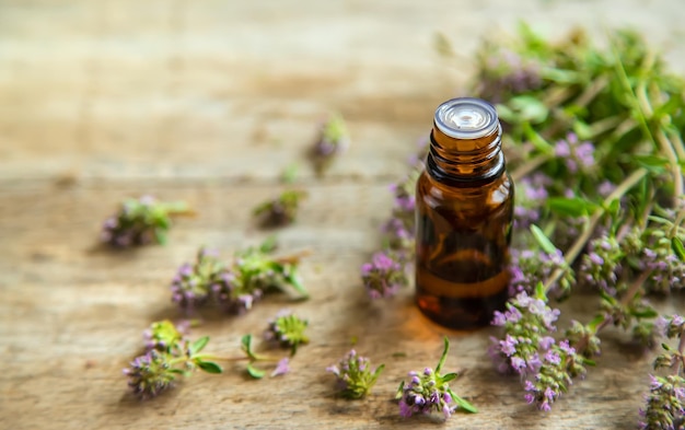 Thyme essential oil in a small bottle. Selective focus.