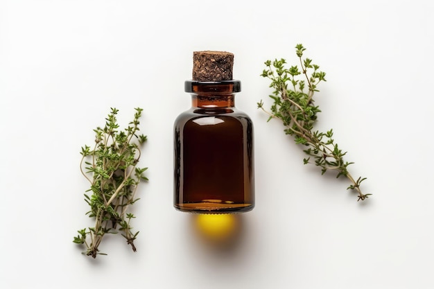 Thyme Essential Oil In Small Brown Bottle Next To Thyme On White Background Top View Generative AI