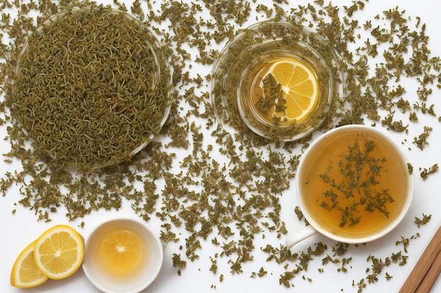 Травяной чай с тимьяном на белом фоне