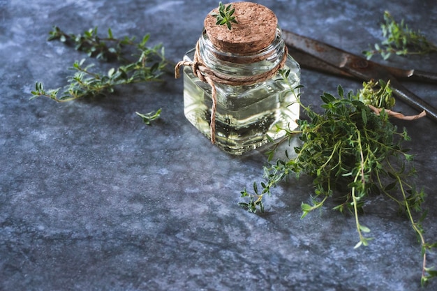 Thyme oil in bottle freshly cut Thymus serpyllum leaves on table copy space