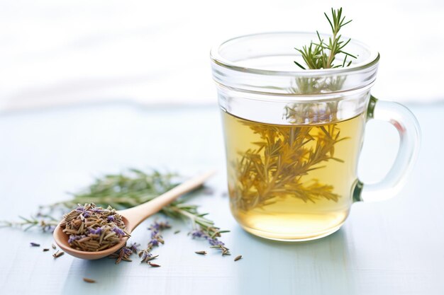 Thyme sprigs next to thyme tea in transparent mug