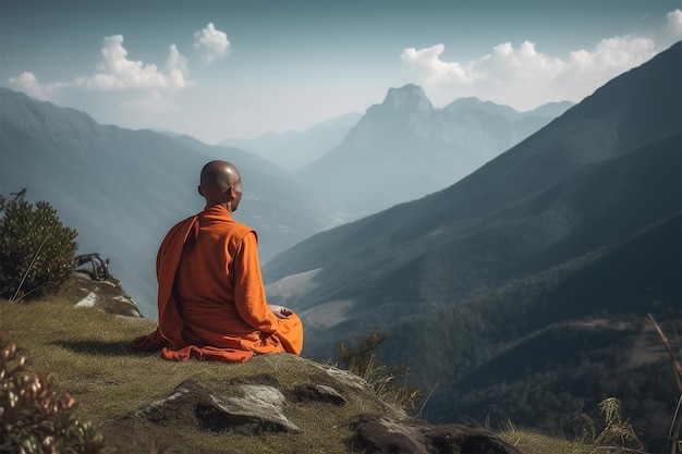 Tibetaanse boeddhistische monnik zittend op de top van een berg