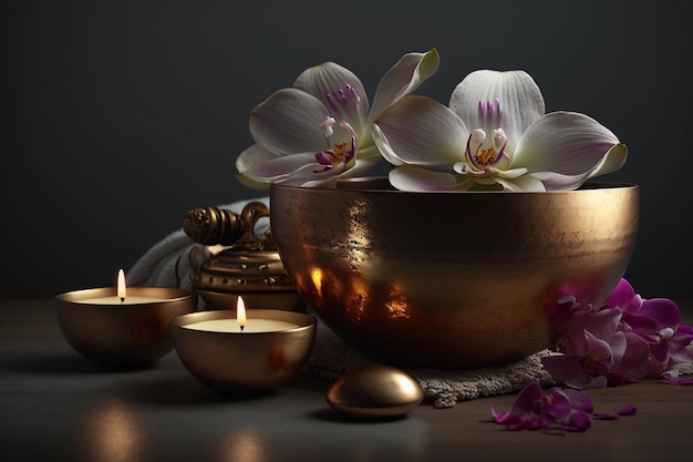 Tibetaanse klankschaal spa rust ontspannen Bloemen en stenen
