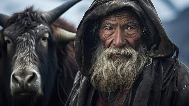 Foto tibetaanse yak-herder die met veerkracht door het ruige terrein van de himalaya navigeert