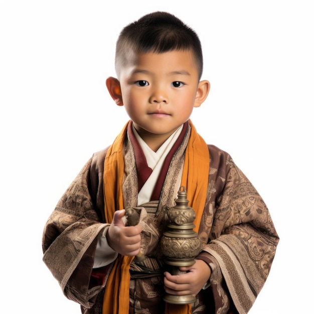 Foto ragazzo tibetano con il giocattolo della ruota della preghiera