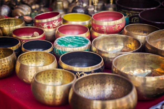 Tibetan Buddhist singing bowls on the market in Leh town, India