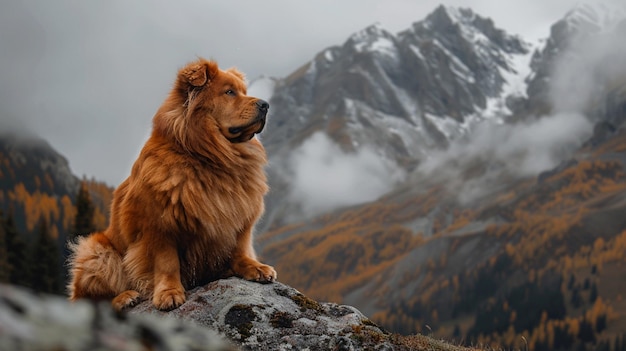 A Tibetan Mastiff dog breed in snow area Generated AI photo