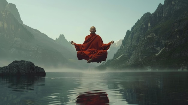 Tibetan monk levitates in the air above water in lotus position against the backdrop of mountains Cinematic AI generative