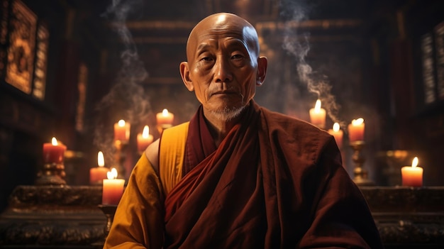 Photo tibetan monk in the temple