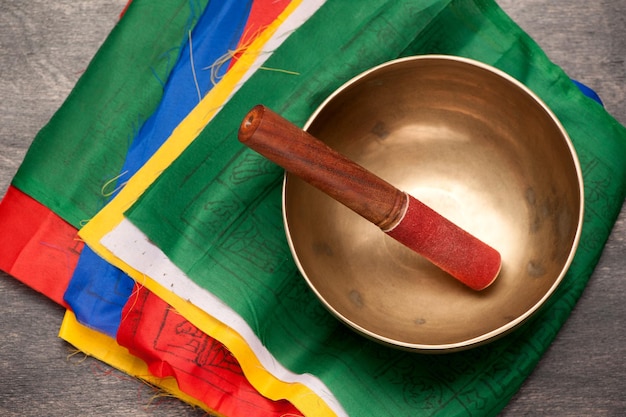 Tibetan prayer flags and singing bowl