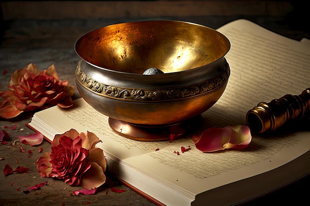 Tibetan singing bowl on book pages with rose petals