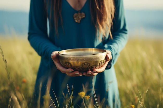 Tibetan singing bowl in the hands of a girl wearing a bohostyle blue dress in a meadow