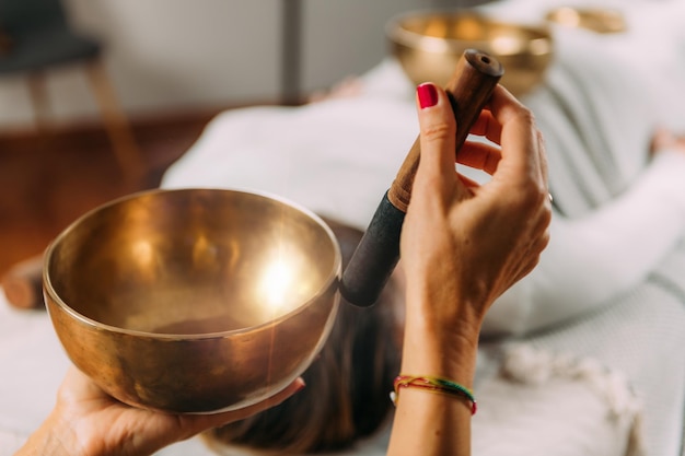 Tibetan singing bowl in sound therapy