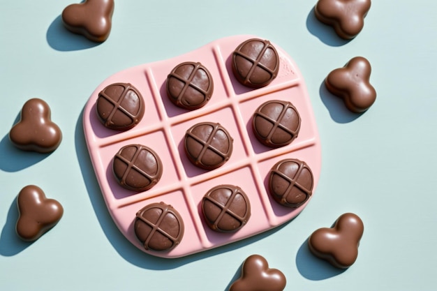 Tic Tac Toe-spel met roze achtergrond en verrukkelijke snoepjes en chocoladeharten