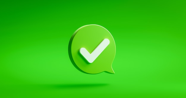 Photo tick check mark icon button and yes or approved symbol on confirm correct sign checklist background with agreement success box. 3d rendering.