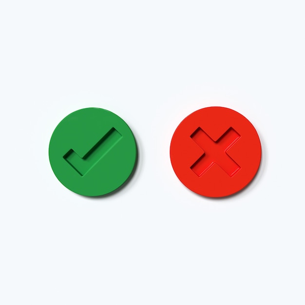 Photo tick and cross signs green checkmark and red x icons isolated on white background 3d render