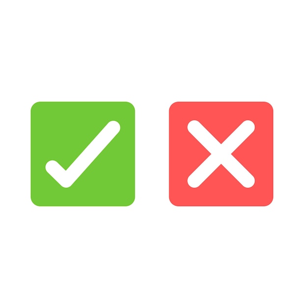 Tick and cross signs. Green checkmark and red X isolated icons. Check mark symbols.