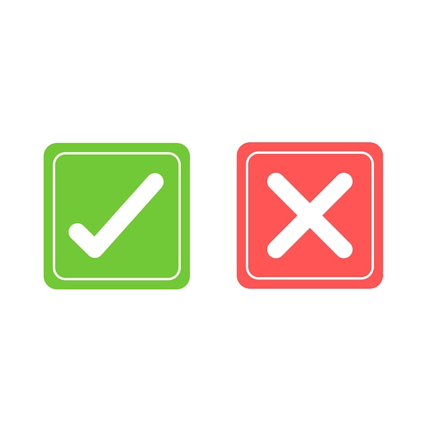 Tick and cross signs. Green checkmark and red X isolated icons. Check mark symbols.