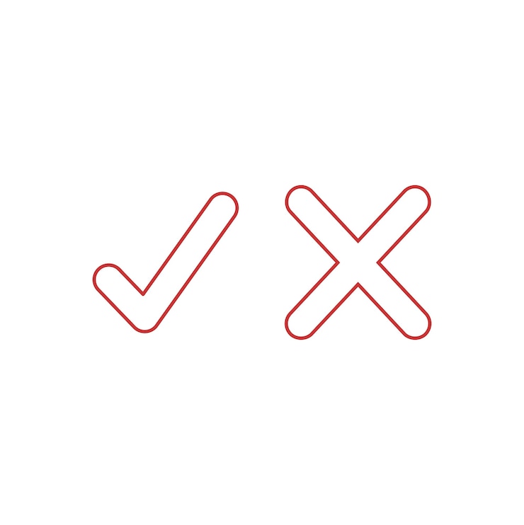 Photo tick and cross signs. red checkmark and red x isolated icons. check mark symbols.