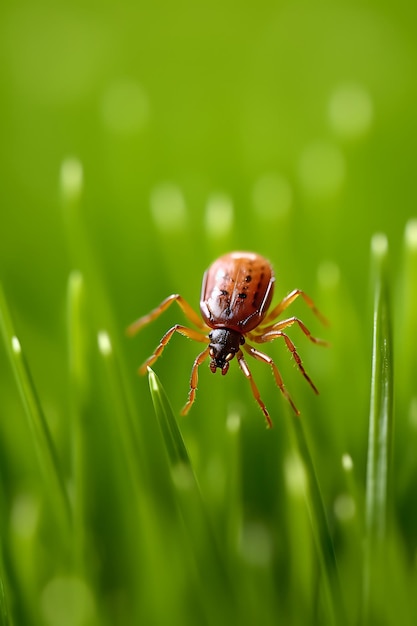 Tick jumping off a bush against a background of grass generated by AI