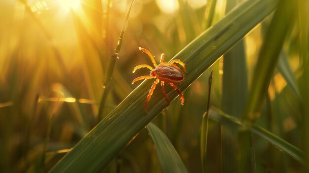 A tick sits on a blade of grass